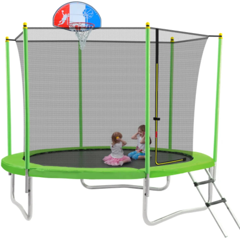 10FT Round Trampoline with Safety Enclosure Net, Basketball Hoop and Ladder F69819