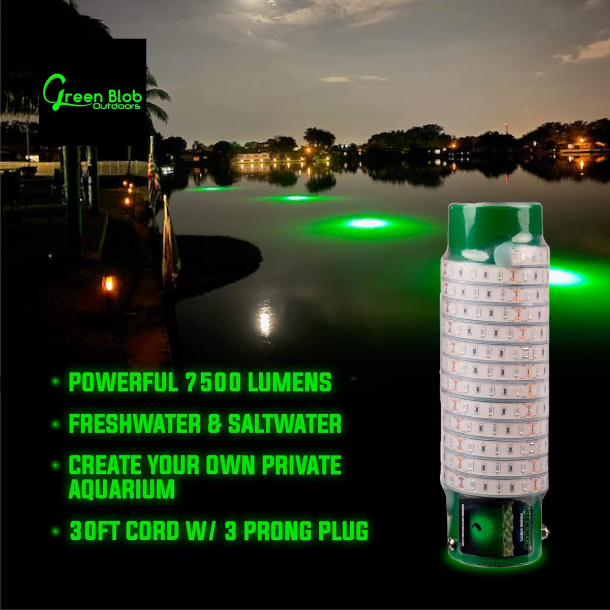 Blue Underwater LED Fishing Lights for Docks, 7500 Lumen with 30ft Cord, 3-Prong Plug E844
