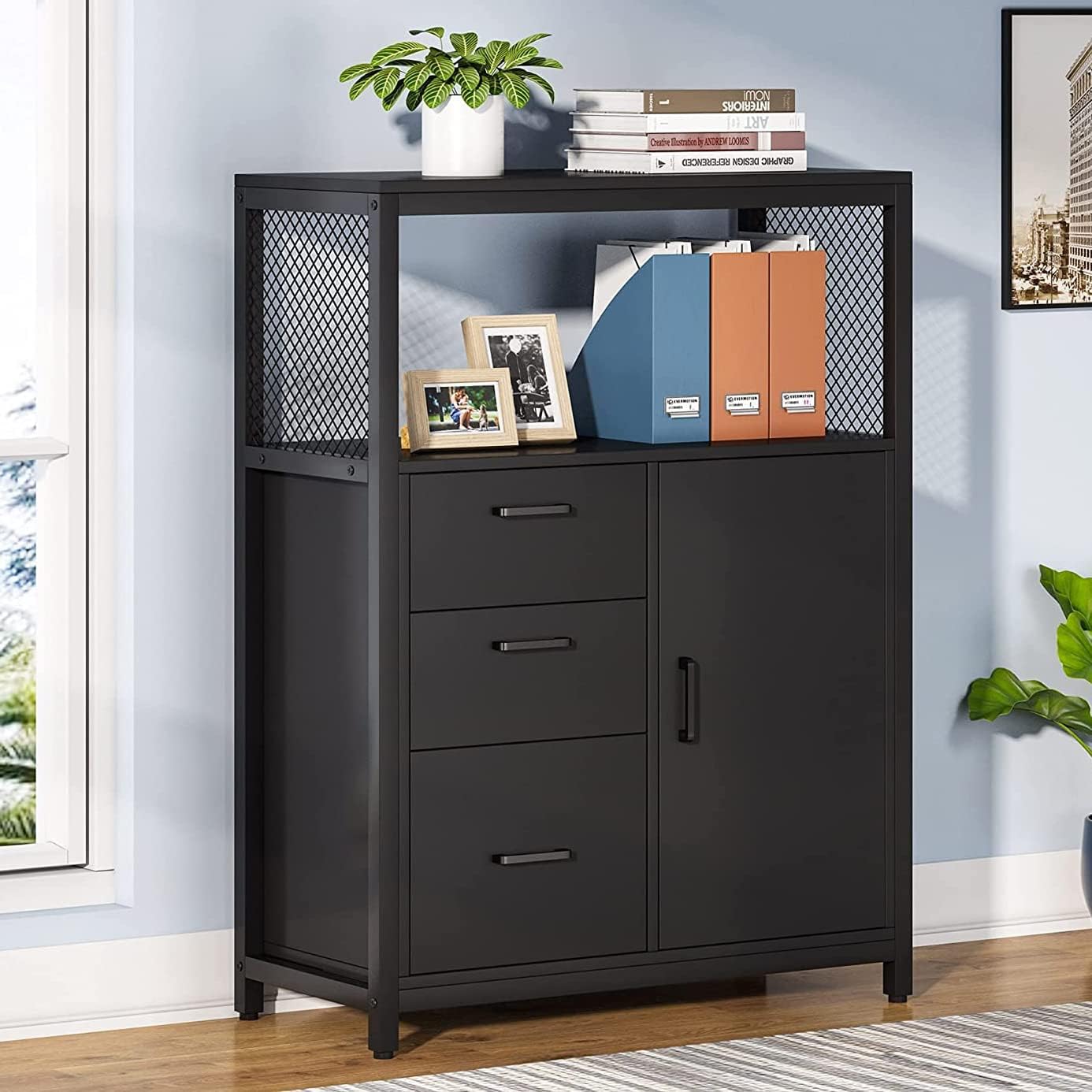 3 Drawer Lateral File Cabinet with Open Shelves L838