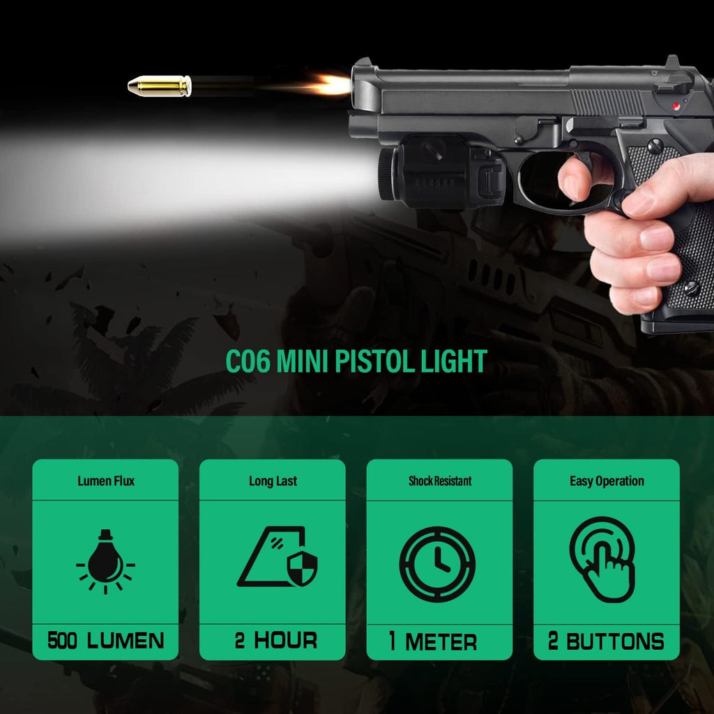 Tactical Flashlight, Pistol Light Rail Mounted 500 Lumens Compact Weapon Lights N98319