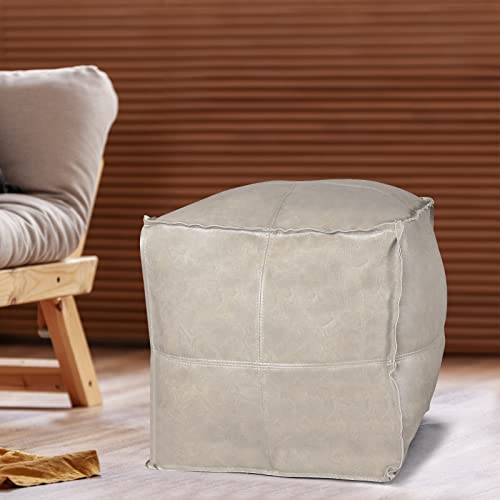 Orange Brown 17.7" Square Faux PU Leather Pouf Ottoman W165248