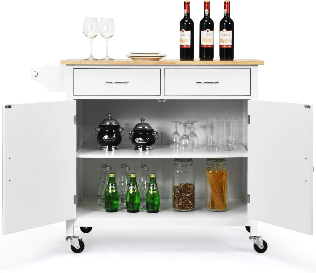 Antique White Rolling Kitchen Cart with Wood Top G53582