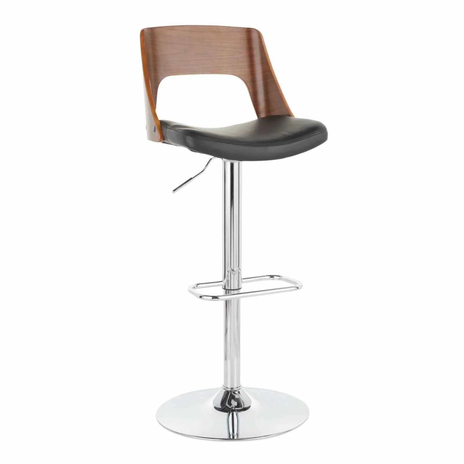 Adjustable Swivel Barstool in Chrome, Walnut and Black Faux Leather - Set Of 2 R9793