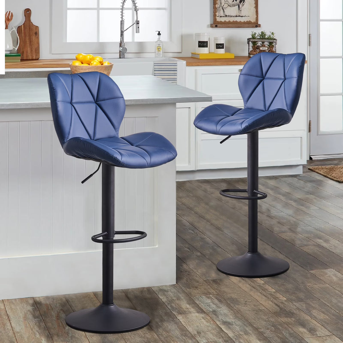 Blue Faux Leather Bar Stools Set of 2 with Footrest Y464