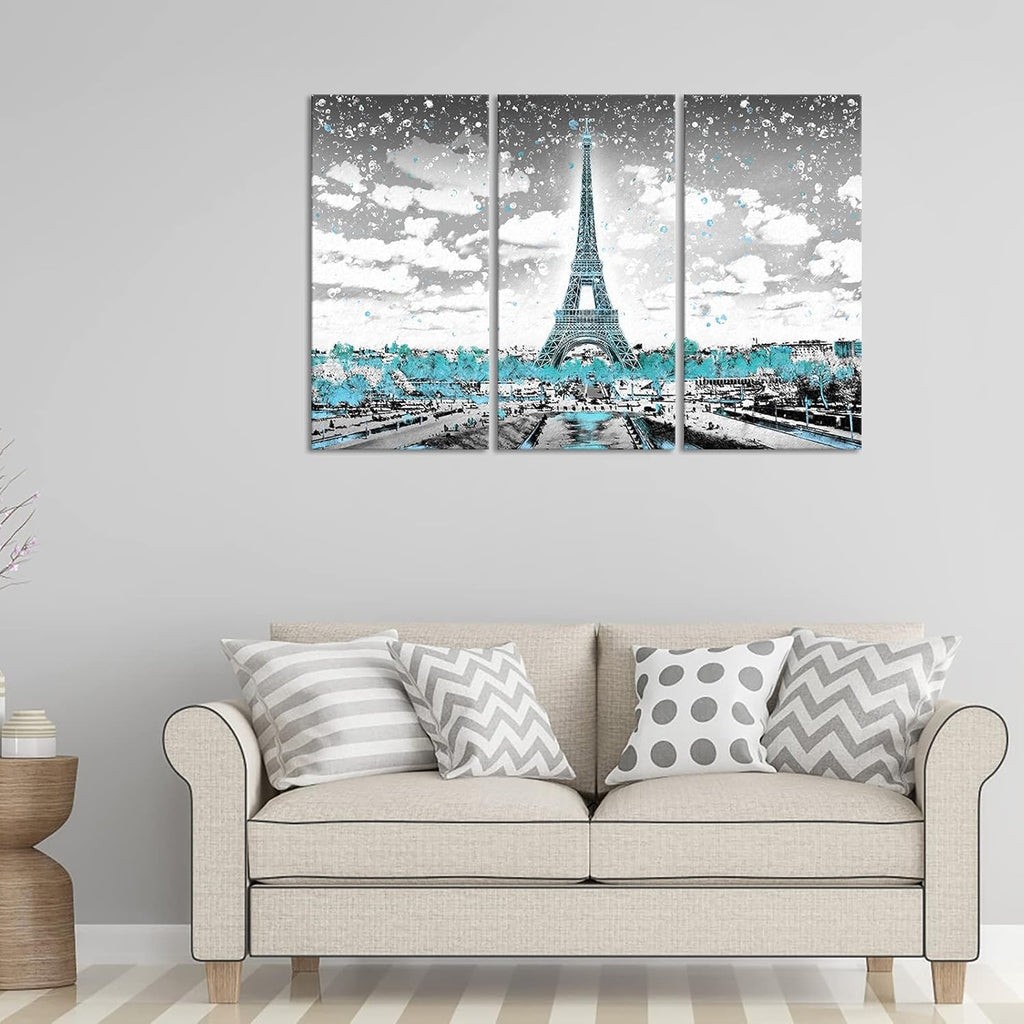 Black and White Turquoise Eiffel Tower Canvas Painting S348