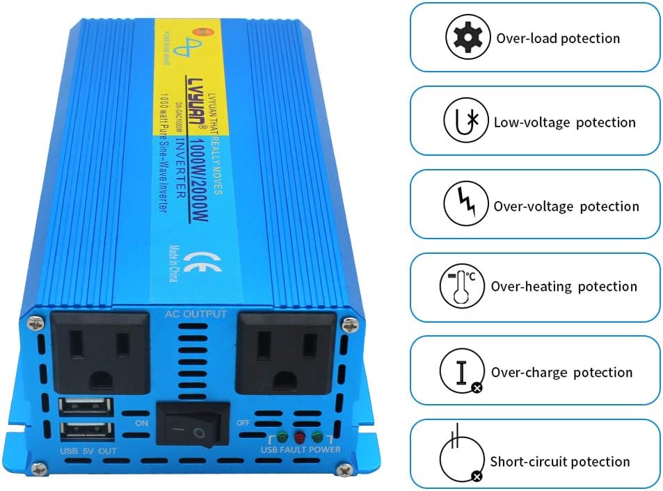 1000W Pure Sine Wave Power Inverter DC 12V to 110V AC Converter with Dual AC Outlets and Dual 3.1A USB Car Charger Z4824