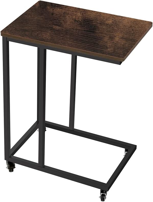 Industrial Side Table with Rolling Casters, Steel Frame, Light Walnut, Pack of 2 O65302