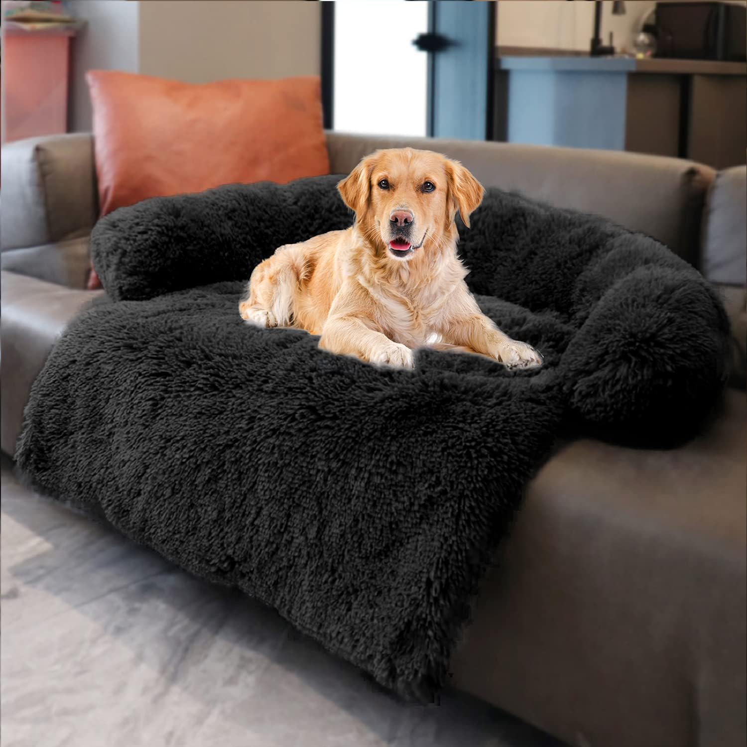 Dark Grey Large Plush Dog Sofa with Neck Bolster Q913294
