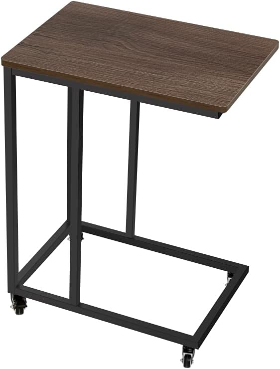 Industrial Side Table with Rolling Casters, Steel Frame, Light Walnut, Pack of 2 O65302