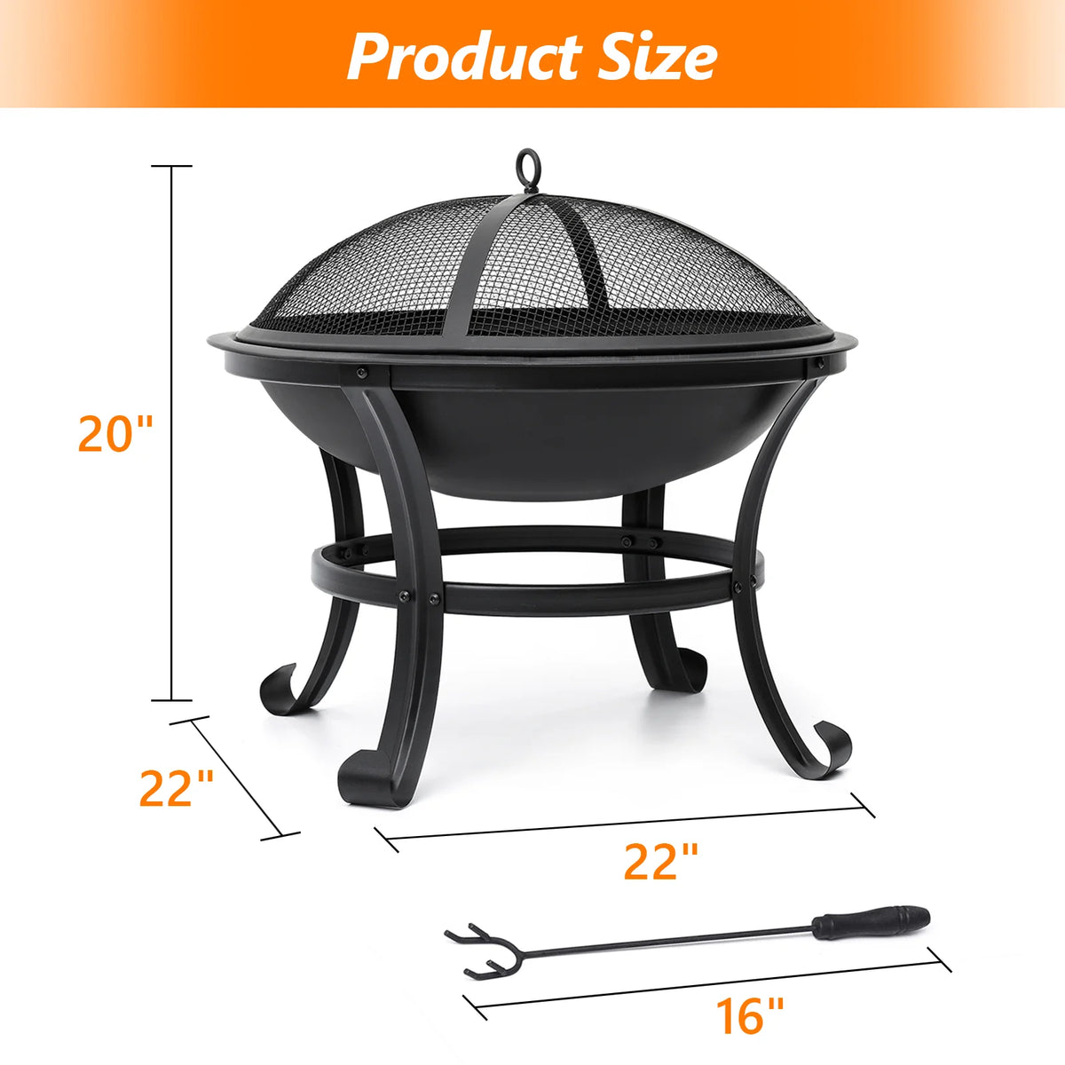 22 inch Portable Wood Burning Fire Pit Bowl with Spark Screen, Log Grate, Poker U2904