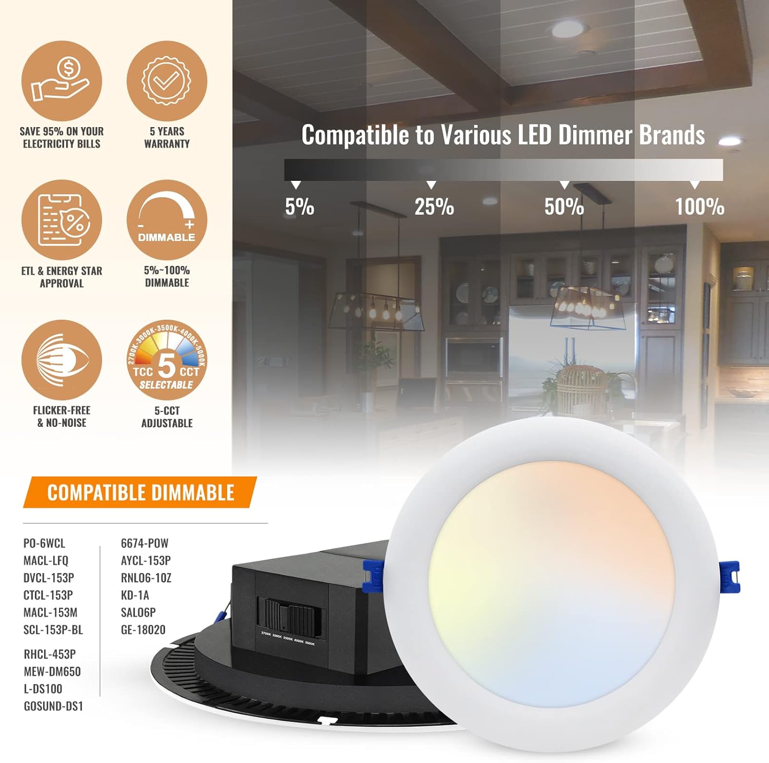 12 Pack 6 Inch 5CCT Dimmable LED Recessed Light with Integrated Junction Box, Canless Downlight L822161