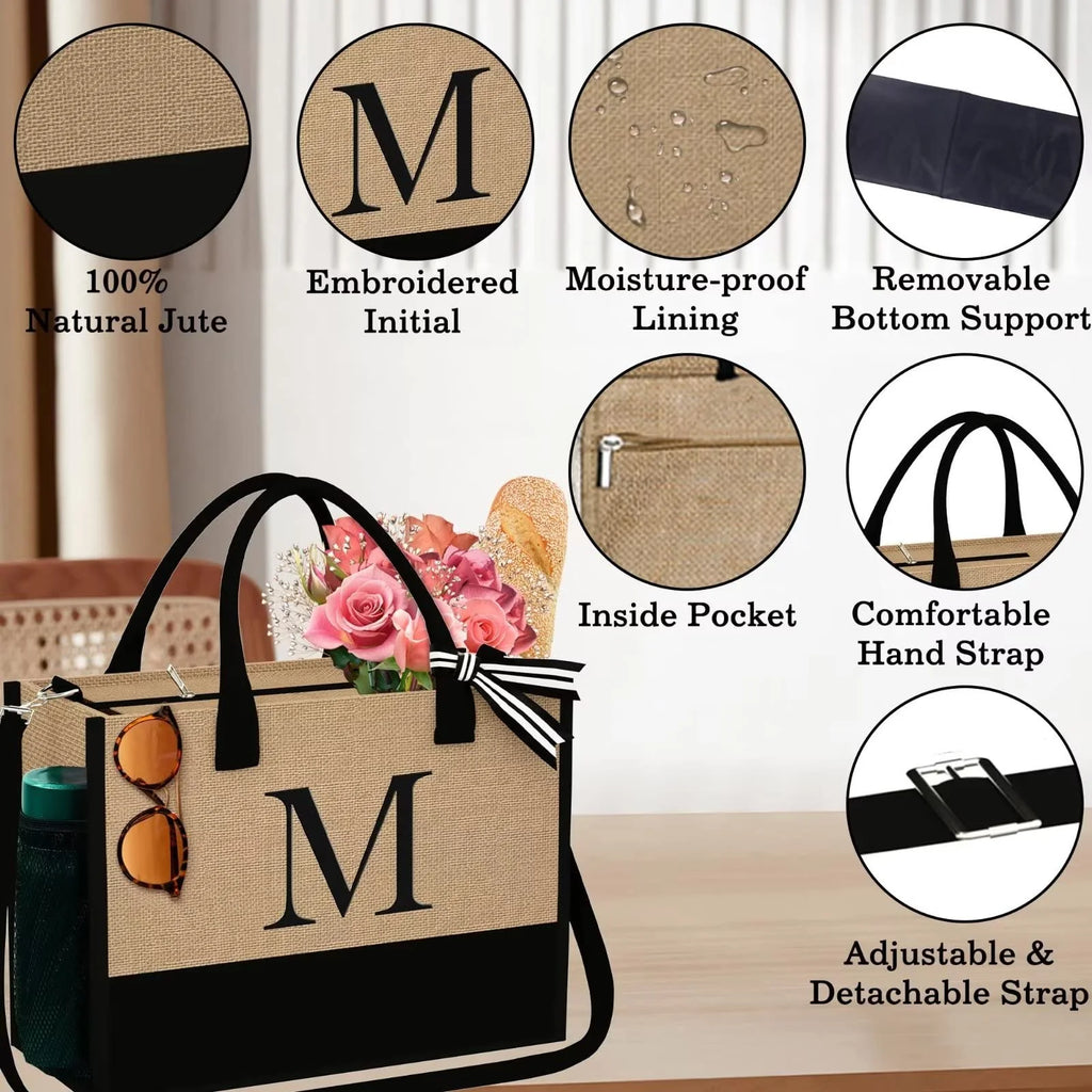 Jute Tote Bag with Makeup Bag with Zipper Adjustable Strap W877
