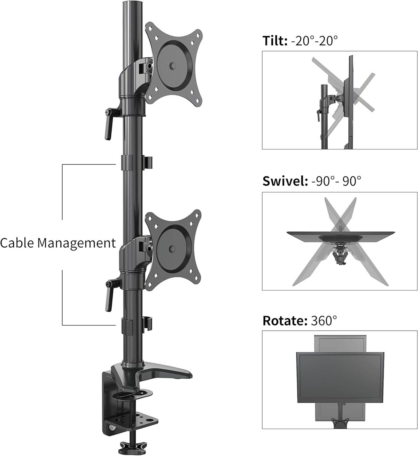 Vertical Dual Monitor Mount, Height Adjustable Heavy Duty C-Clamp and Grommet Mounting Base, VESA 75*75mm/100*100mm K80792