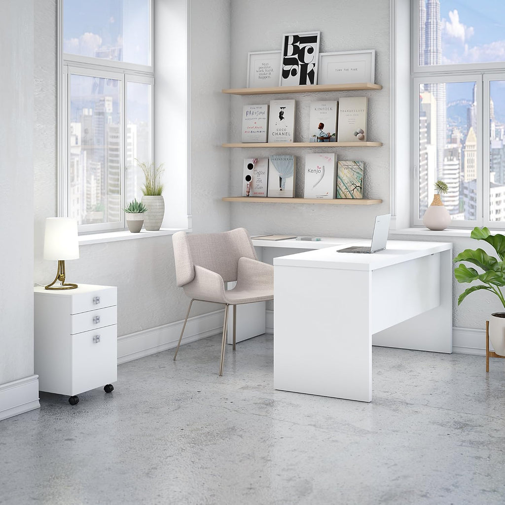 Pure White L Shaped Desk with Mobile File Cabinet I160517