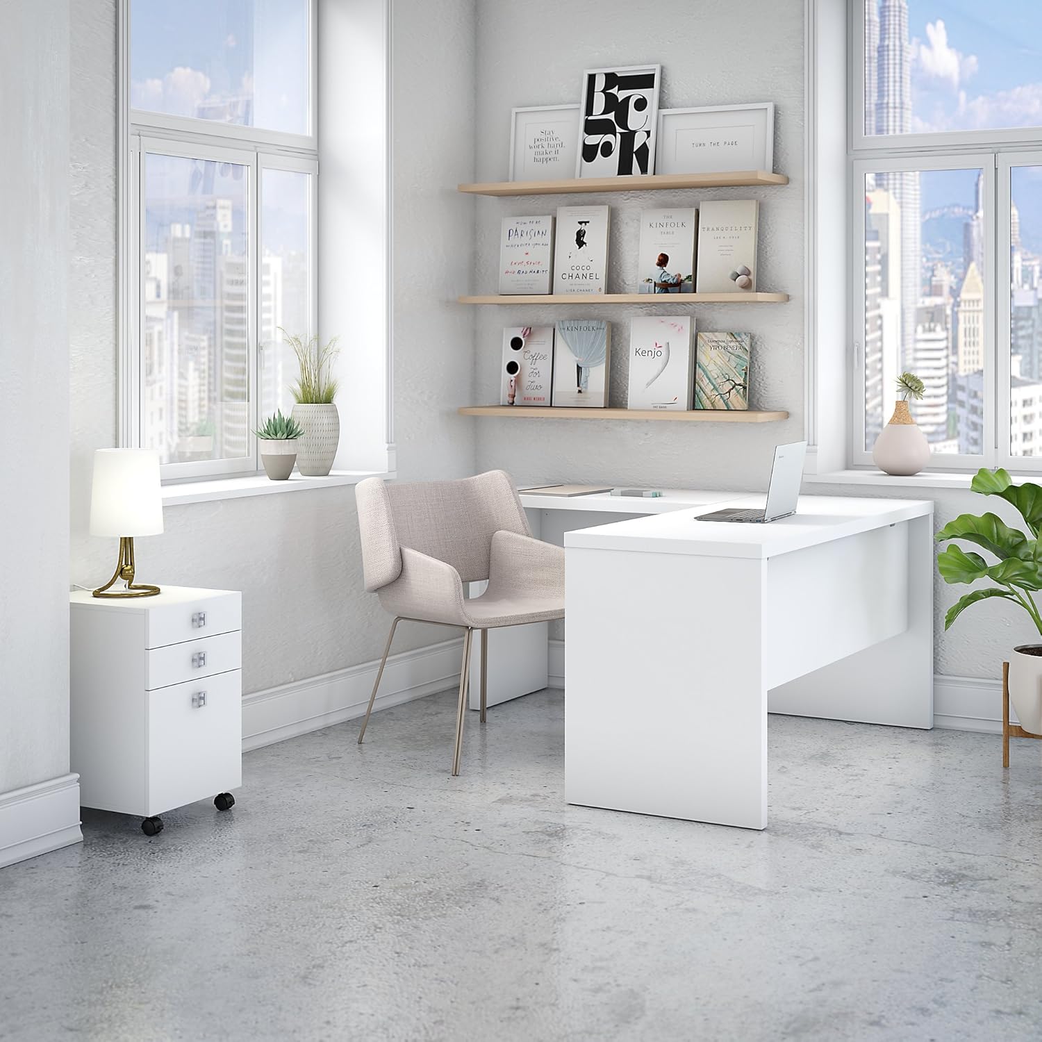 Pure White L Shaped Desk with Mobile File Cabinet I160517
