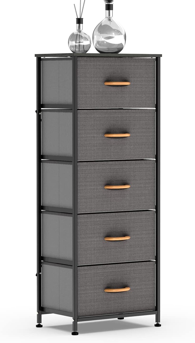 5 Drawer Fabric Dresser Tower, Dark Gray R68785