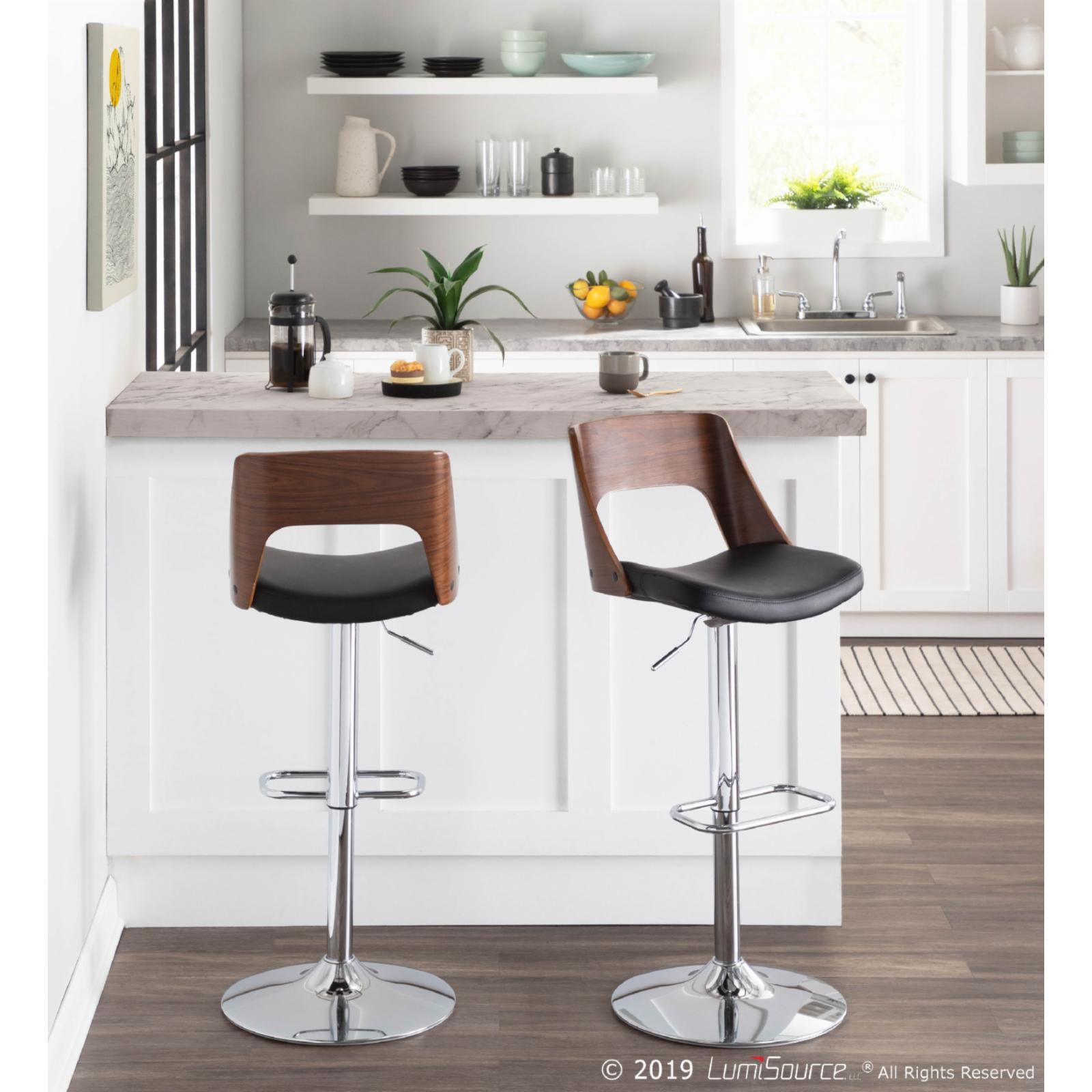 Adjustable Swivel Barstool in Chrome, Walnut and Black Faux Leather - Set Of 2 R9793