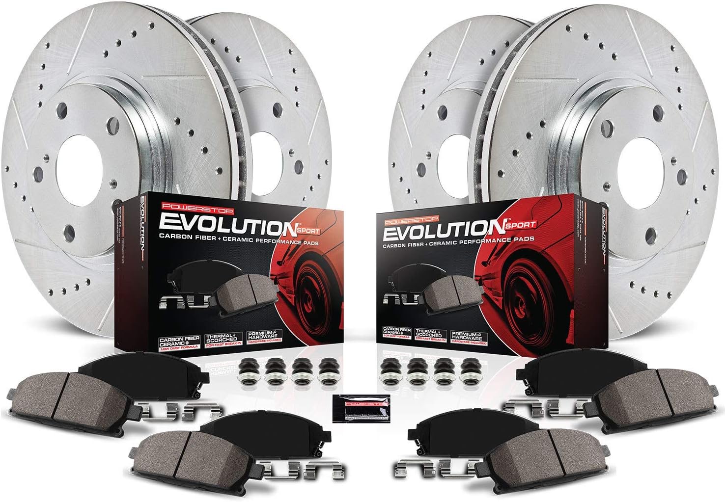 Front and Rear Carbon Fiber Brake Pads with Drilled & Slotted Brake Rotors Kit O6805