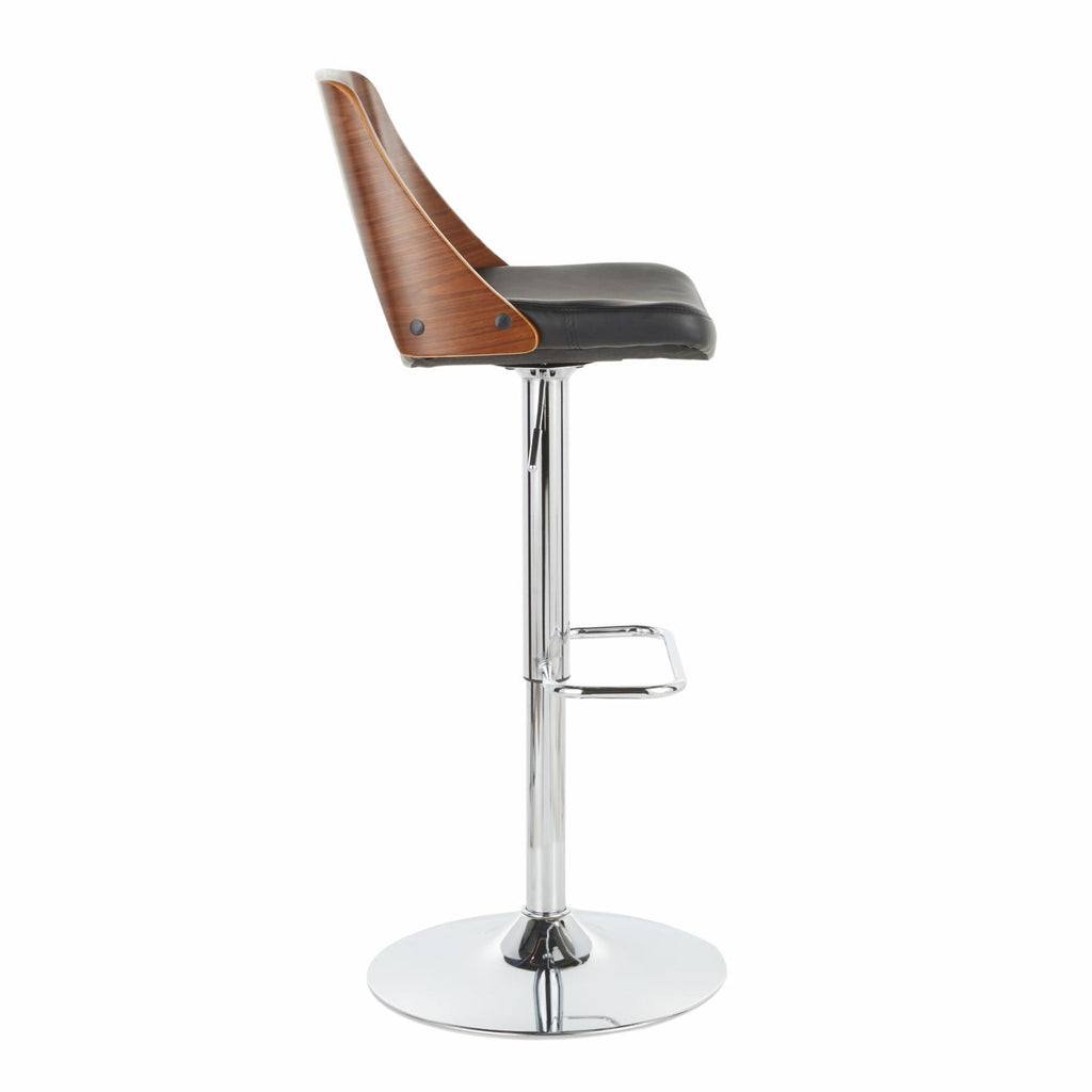 Adjustable Swivel Barstool in Chrome, Walnut and Black Faux Leather - Set Of 2 R9793