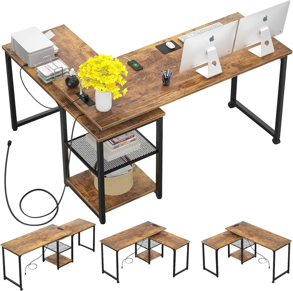 L Shaped Desk with Outlets and USB Ports, 71 Inch, Gray R3058