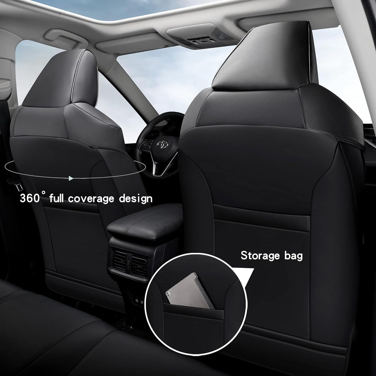 Pu Leather Car Seat Covers Full Set for Toyota RAV4 Hybrid 2019 2020 2021 2022 (Black) V6966