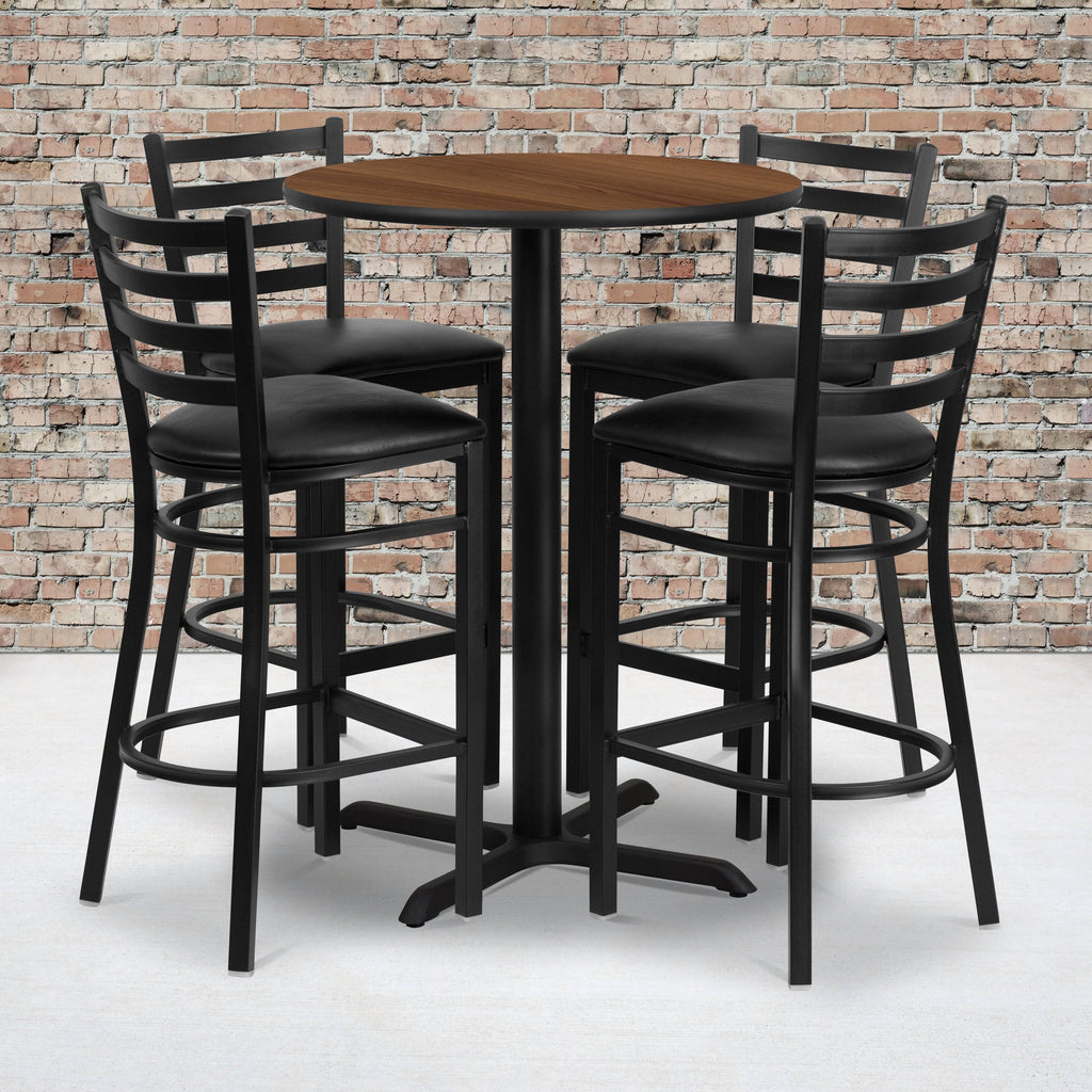 30&& Round Walnut Laminate Table Set with 4 Ladder Back Metal Barstools Q301