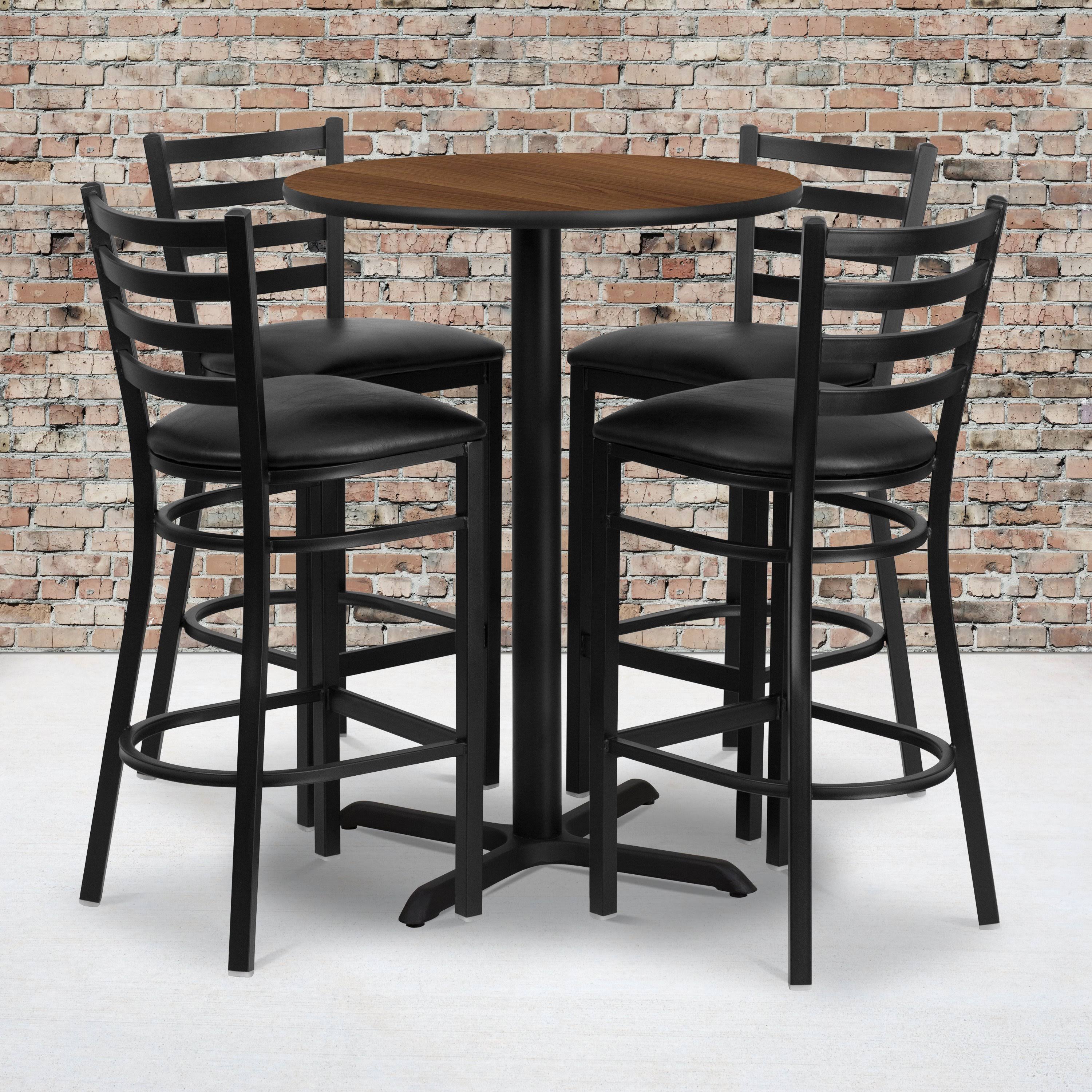 30&& Round Walnut Laminate Table Set with 4 Ladder Back Metal Barstools Q301