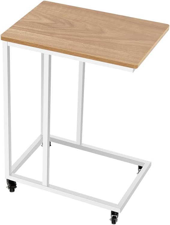 Industrial Side Table with Rolling Casters, Steel Frame, Light Walnut, Pack of 2 O65302
