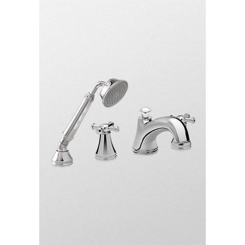 Brushed Nickel Deck-Mount Tub Filler Trim with Cross Handles and Handshower I553