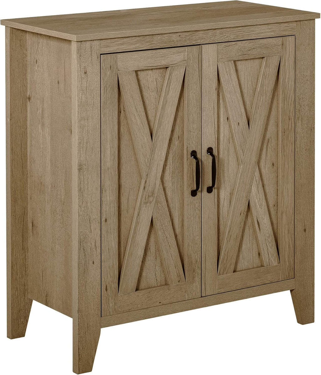 Rustic Oak Finish Sideboard Accent Storage Cabinet with Double Barn Doors and Fixed Shelf E595