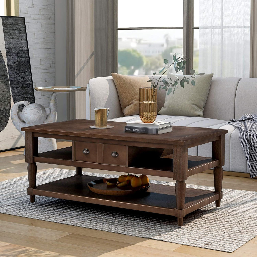 Retro Cocktail Table Coffee, Solid Wood Coffee Table with Caster Wheels and Drawer, 1 Shelf, Wood Movable Rectangle Coffee Table D855250