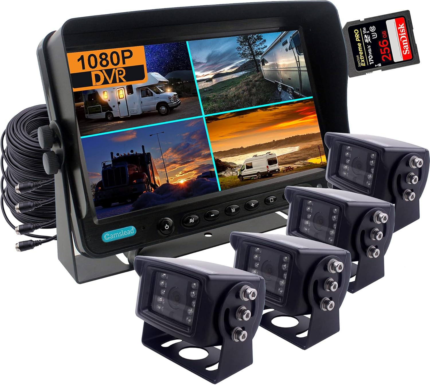 7 inch 1080P Wired Rear View Camera System with DVR Recorder, 4 Channel Input, Quad Split Screen L5945