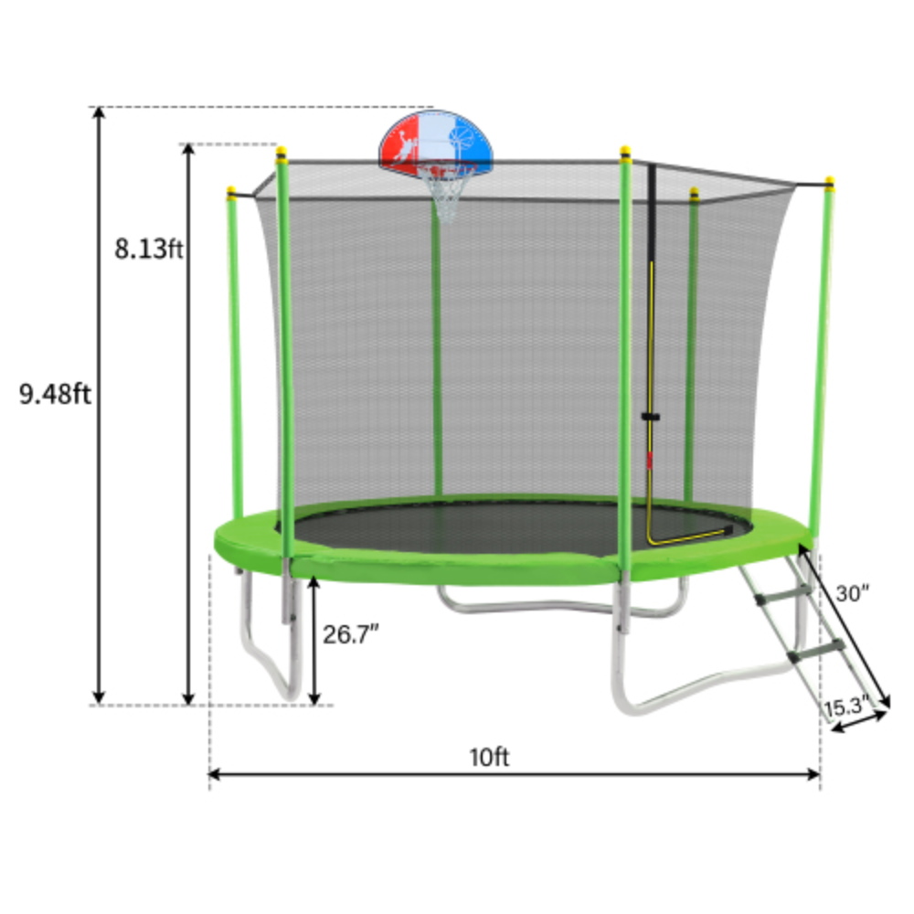 10FT Round Trampoline with Safety Enclosure Net, Basketball Hoop and Ladder F69819