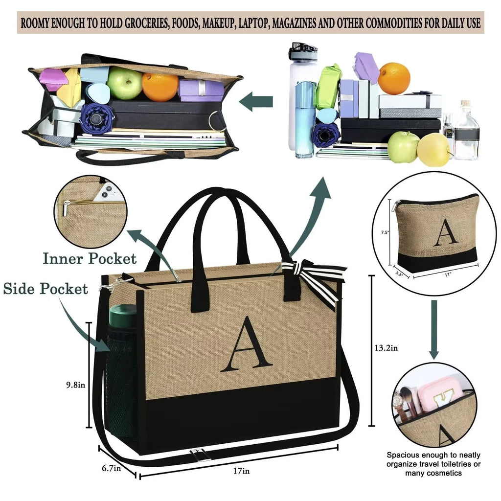 Jute Tote Bag with Makeup Bag with Zipper Adjustable Strap W877