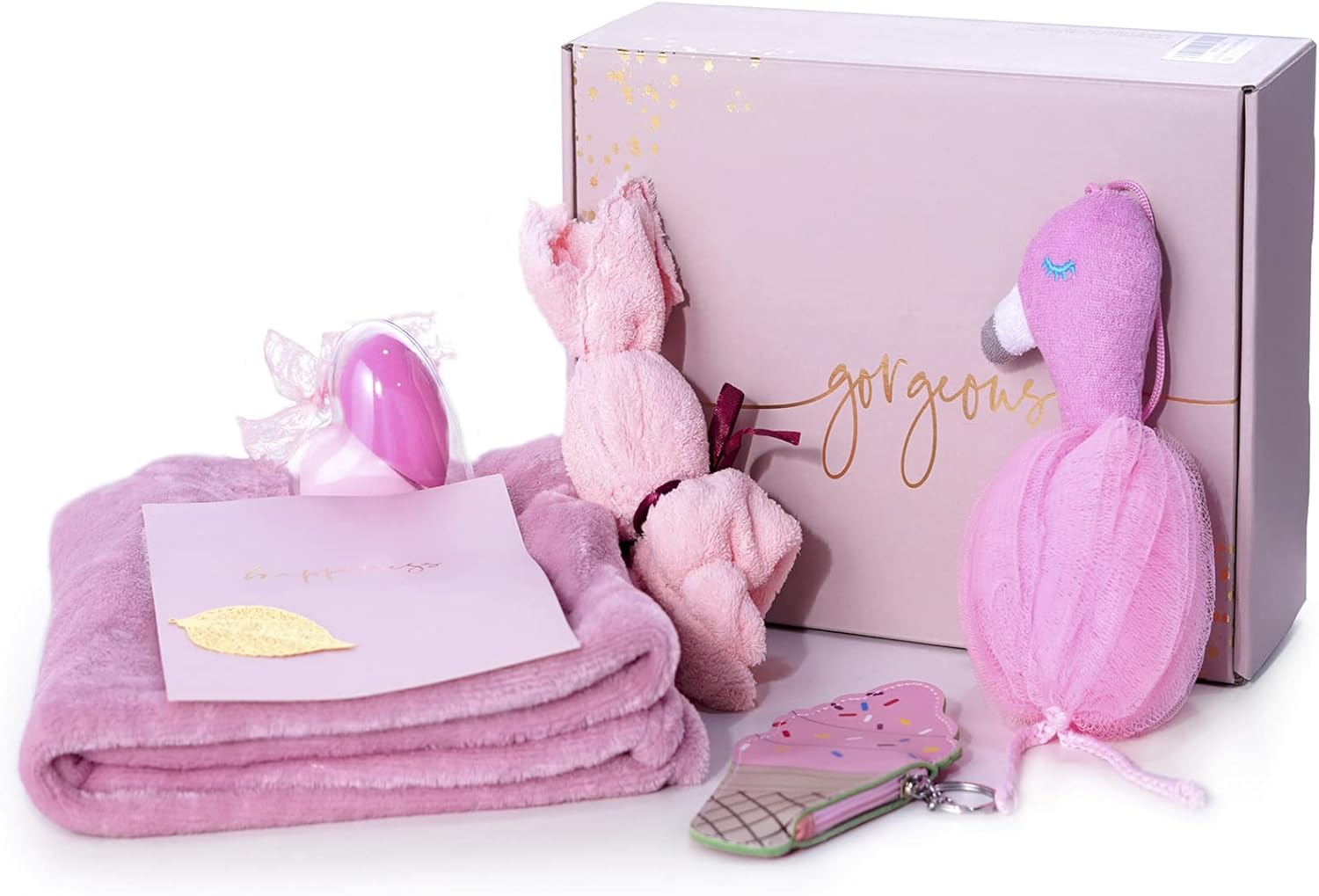 Pink Flannel Throw Blanket with Cosmetic Puff and Rabbit Towel M869