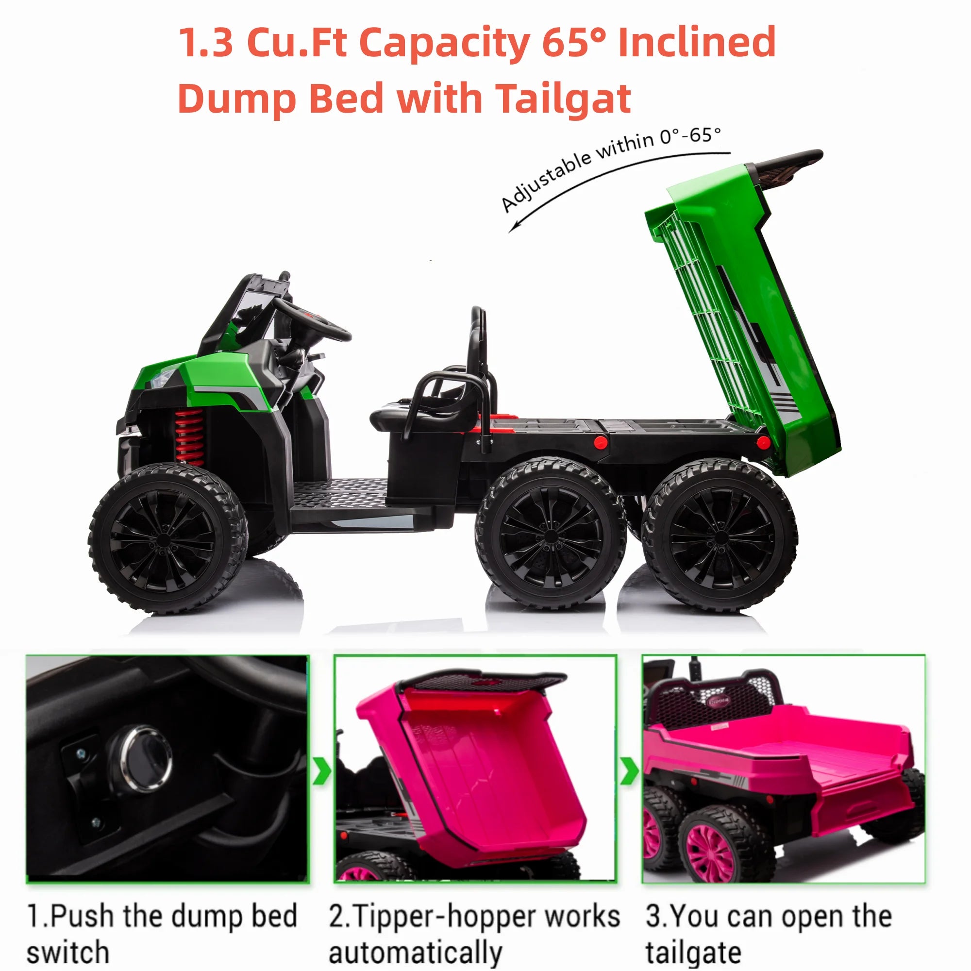 24V 2 Seater 6 Wheels XXL Ride On Car with EVA Tires, Bluetooth, Remote Control, Dump Bed, 5-Point Safety Harness (Green) G152610