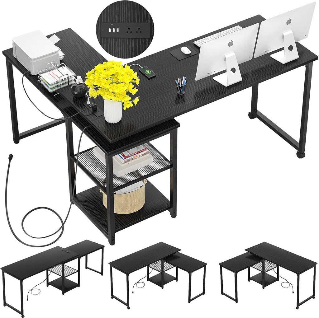 L Shaped Desk with Outlets and USB Ports, 71 Inch, Gray R3058