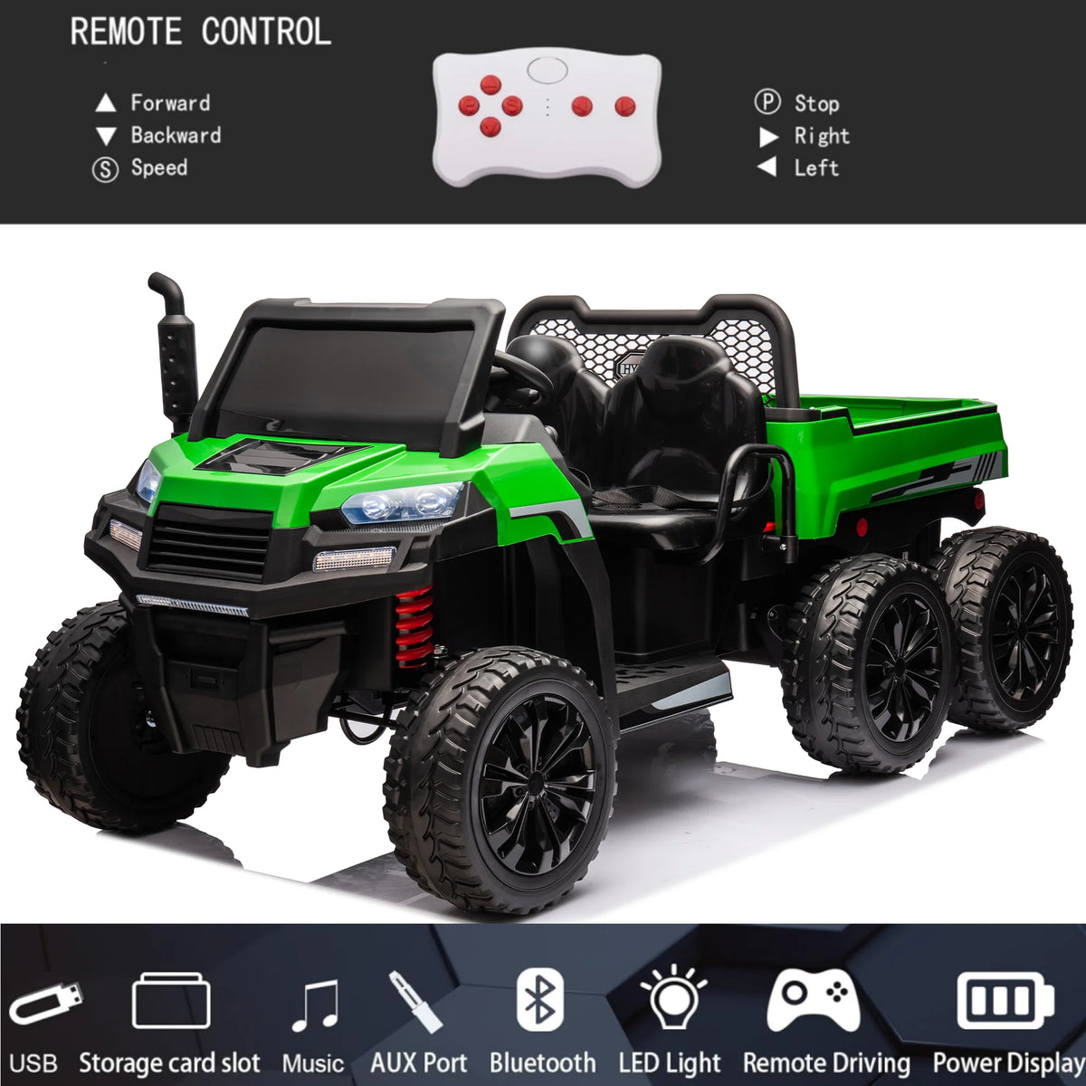 24V 2 Seater 6 Wheels XXL Ride On Car with EVA Tires, Bluetooth, Remote Control, Dump Bed, 5-Point Safety Harness (Green) G152610