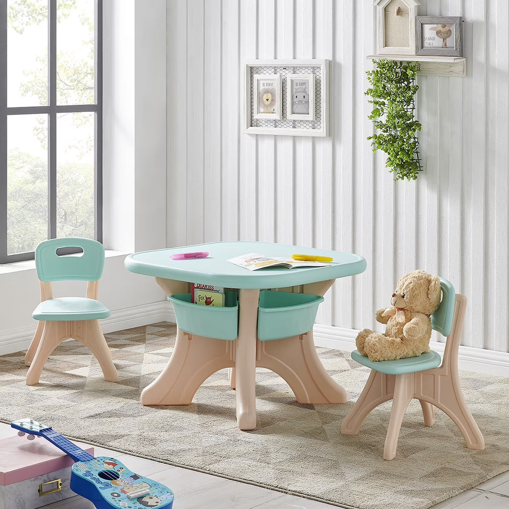 Aqua/Beige Kids Table and 2pc Chairs Set with Storage Bin Y75964