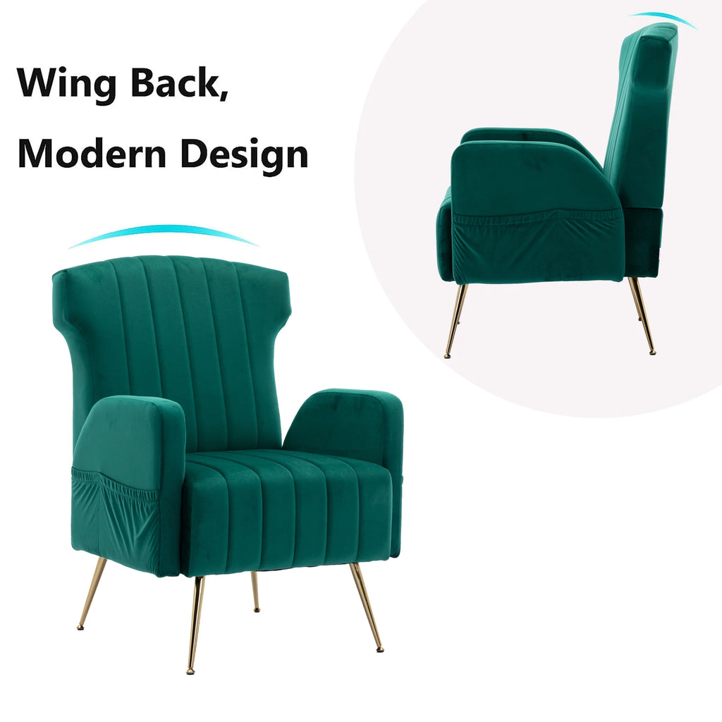 Green Velvet Wingback Accent Chair with Metal Legs J236