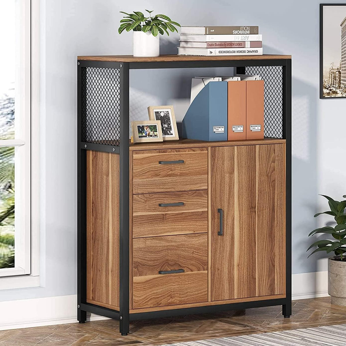 3 Drawer Lateral File Cabinet with Open Shelves L838