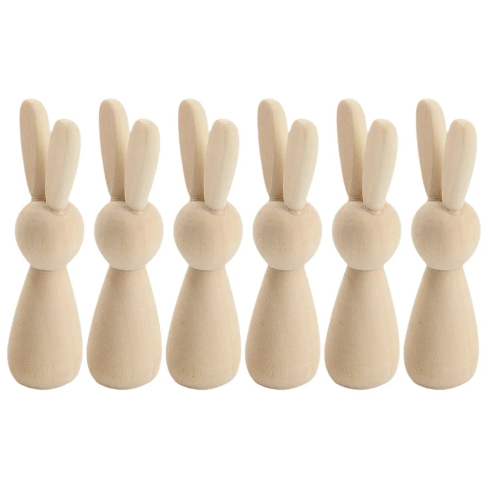 6Pcs Unpainted Natural Wooden Bunny Dolls K45564
