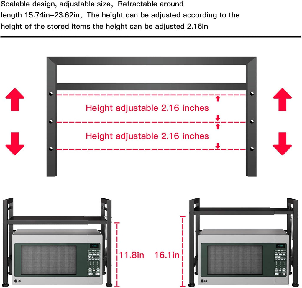 Expandable Metal Microwave Oven Rack Shelf 2 Tiers with 3 Hooks Black P4612
