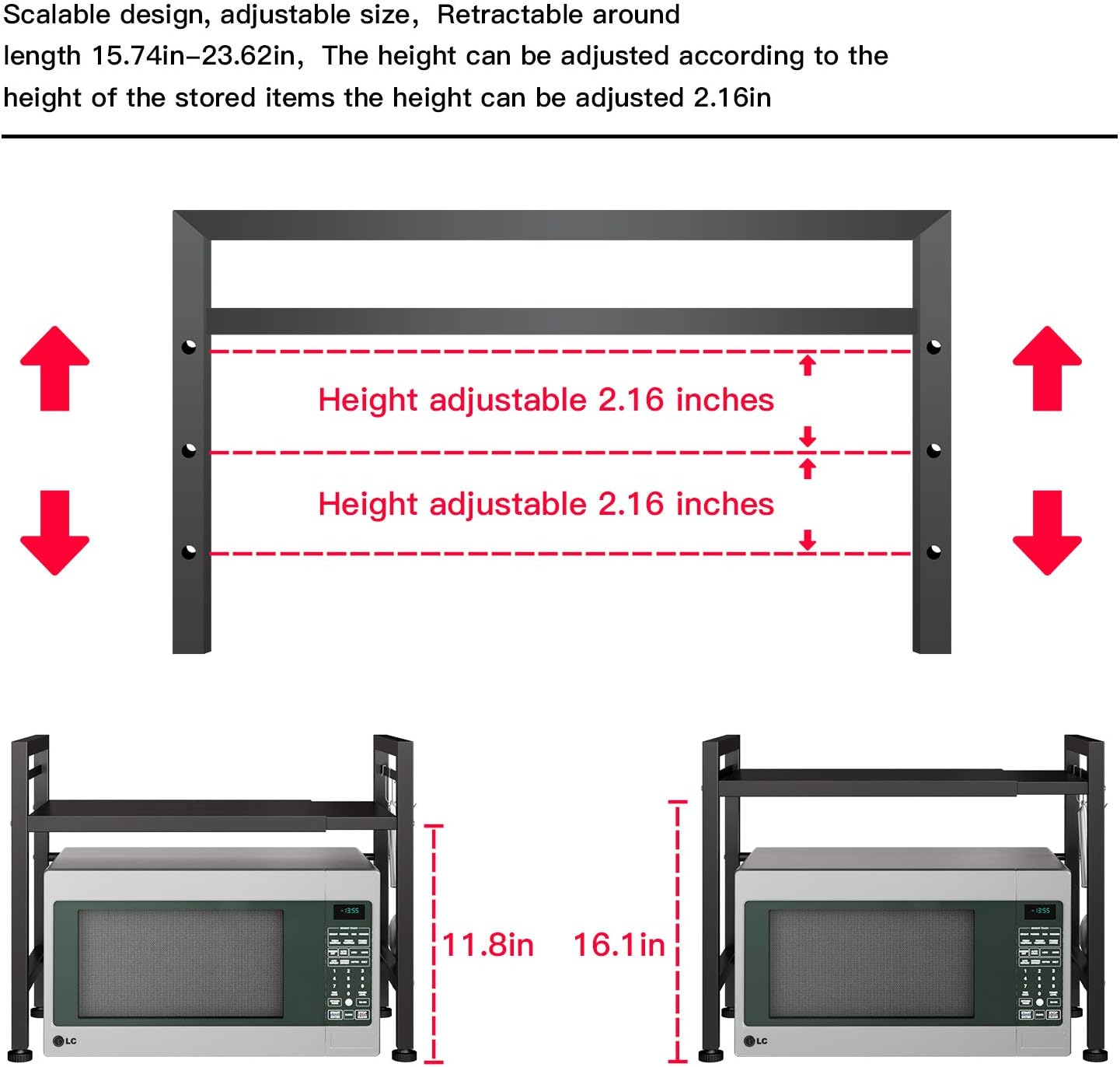 Expandable Metal Microwave Oven Rack Shelf 2 Tiers with 3 Hooks Black P4612