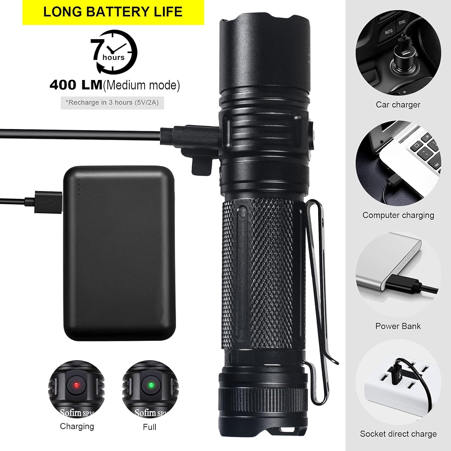 Rechargeable LED Flashlight 2000 Lumen with ATR, USB-A to USB-C Cable R4230