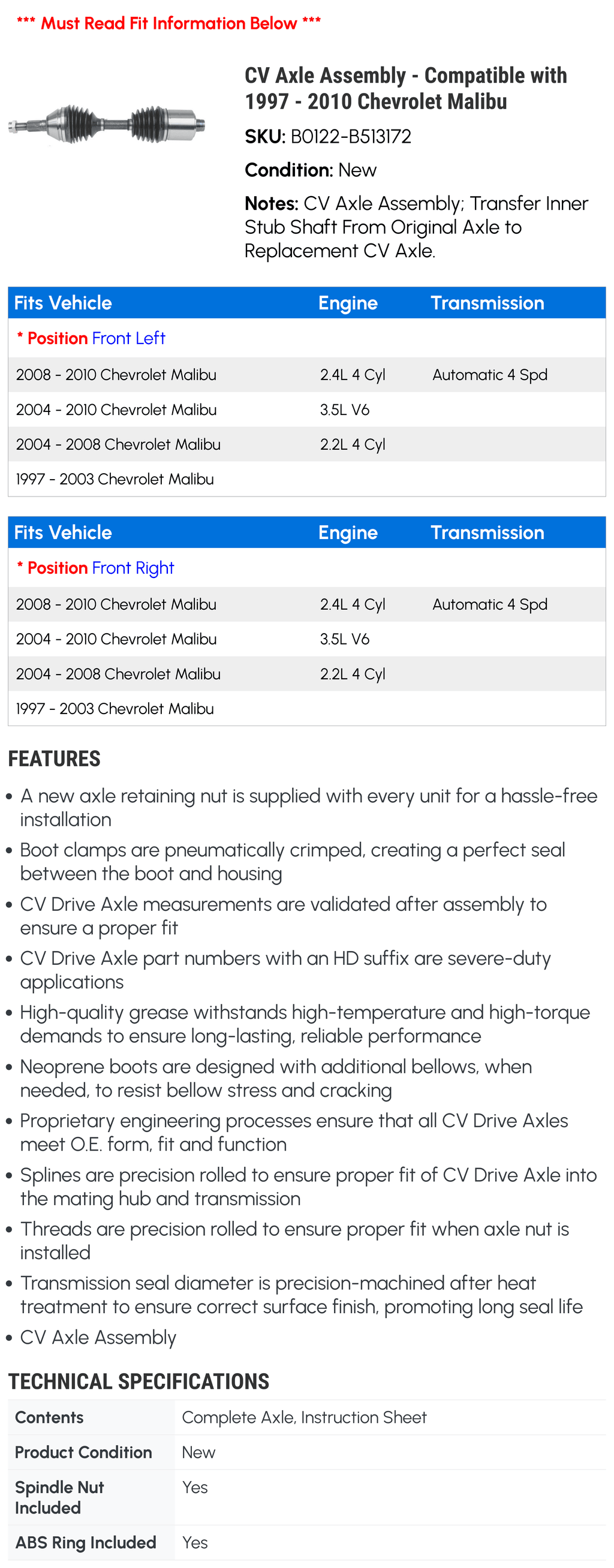 CV Axle Assembly for Chevy Malibu E415