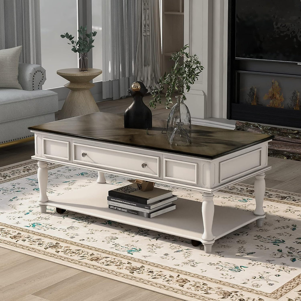 Retro Cocktail Table Coffee, Solid Wood Coffee Table with Caster Wheels and Drawer, 1 Shelf, Wood Movable Rectangle Coffee Table D855250