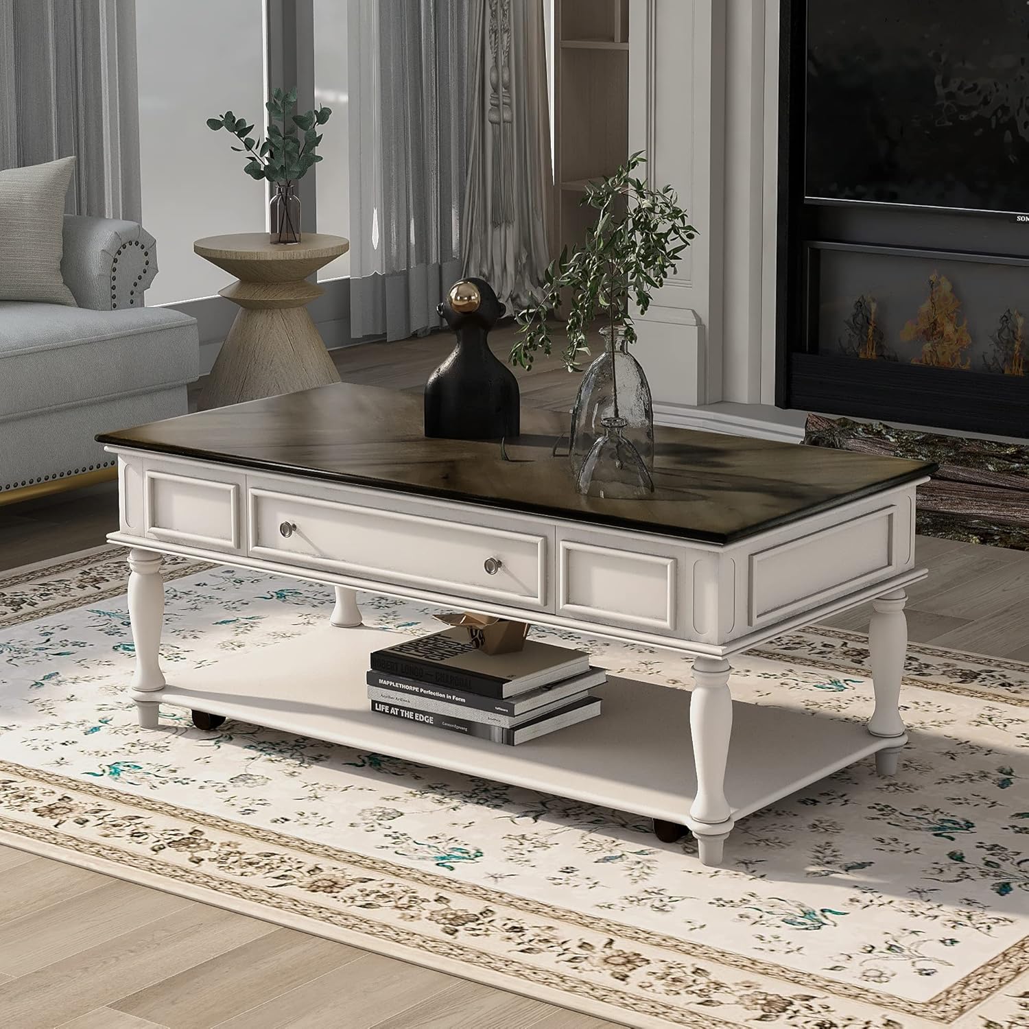 Retro Cocktail Table Coffee, Solid Wood Coffee Table with Caster Wheels and Drawer, 1 Shelf, Wood Movable Rectangle Coffee Table D855250