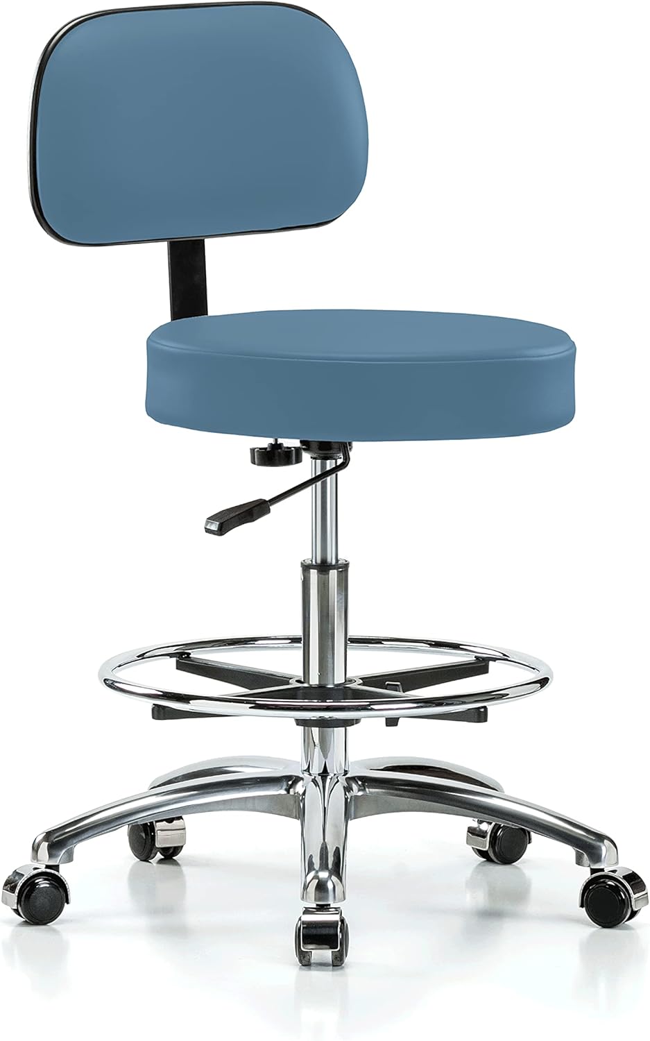 Chrome Rolling Height Adjustable Exam Stool with Back and Footring (Cinder Fabric) A24687