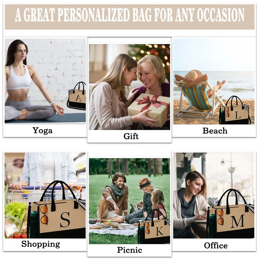 Jute Tote Bag with Makeup Bag with Zipper Adjustable Strap W877